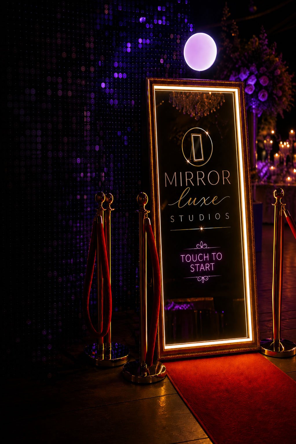 Mirror Luxe Studios luxury mirror photo booth on red carpet with gold velvet ropes